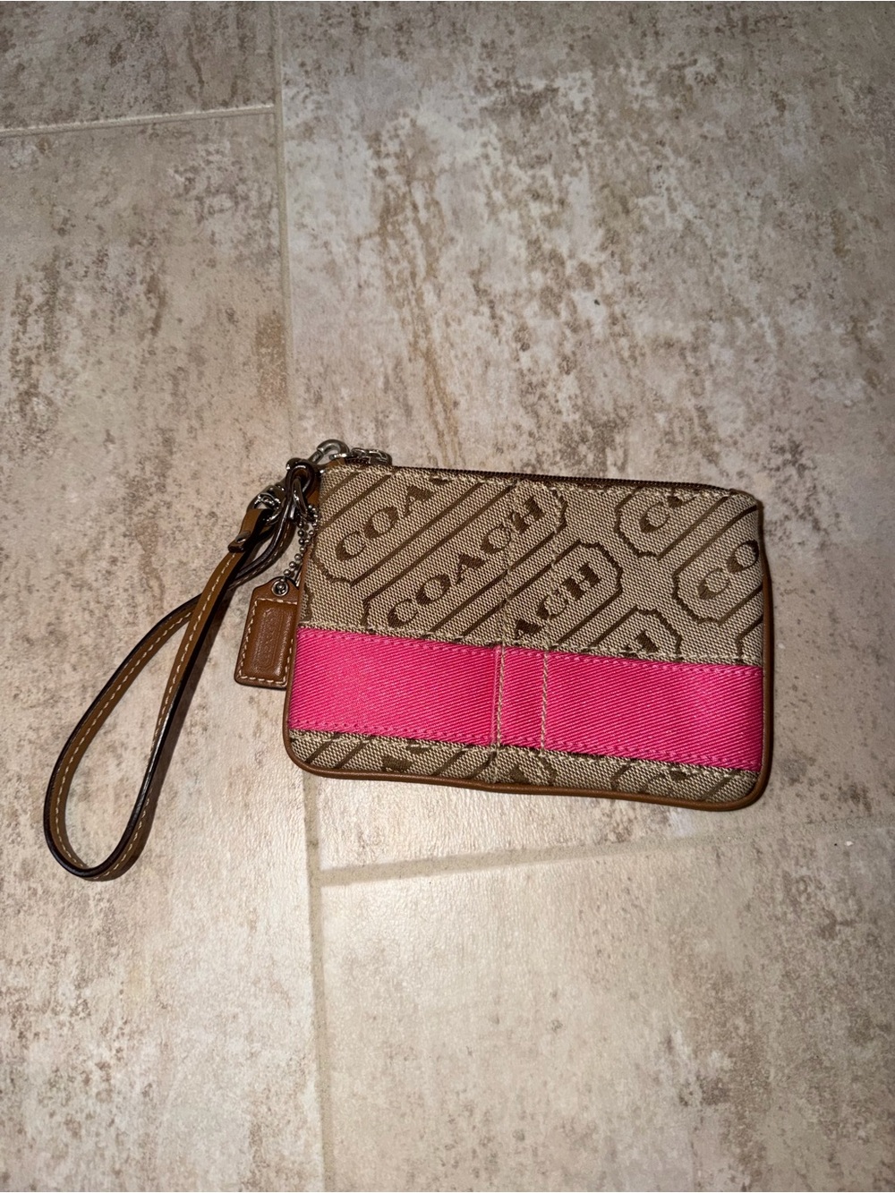 Coach Tan Signature Wristlet with Pink Stripe
